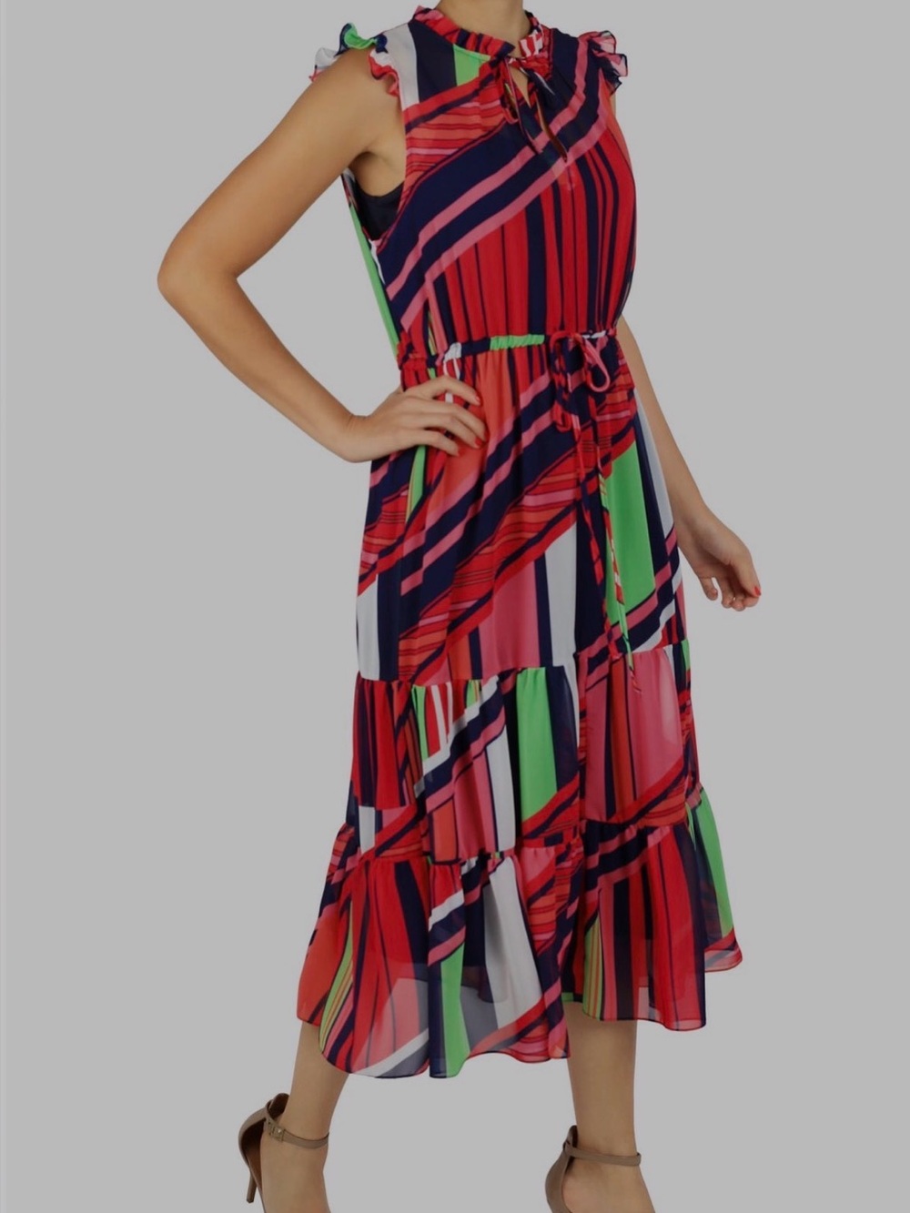 julia jordan Multi-Stripe Sleeveless Tie-Waist Midi Dress in Red, Navy & Green